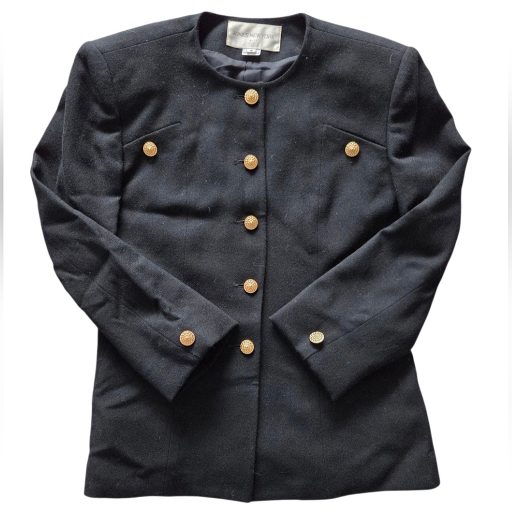 Vintage Jones New York Womens Black Wool Blazer Jacket Sz 4 Gold Buttons Elegant